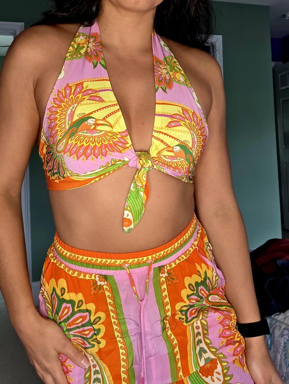 FARM Rio Pink & Orange Pants with Tie-Front Halter Set Flowy Pants